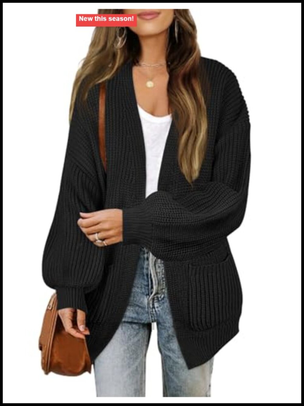 Oversized Lantern Sleeve Cardigan Sweater for Women Ribbed Knit